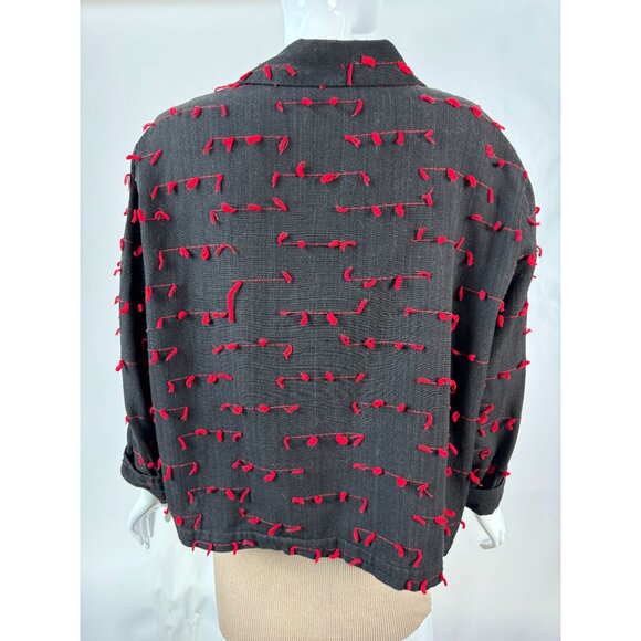 Vintage Black & Red Cactus Flower Jacket With Textured Knot Detailing & Brass Bu - Picture 3 of 16
